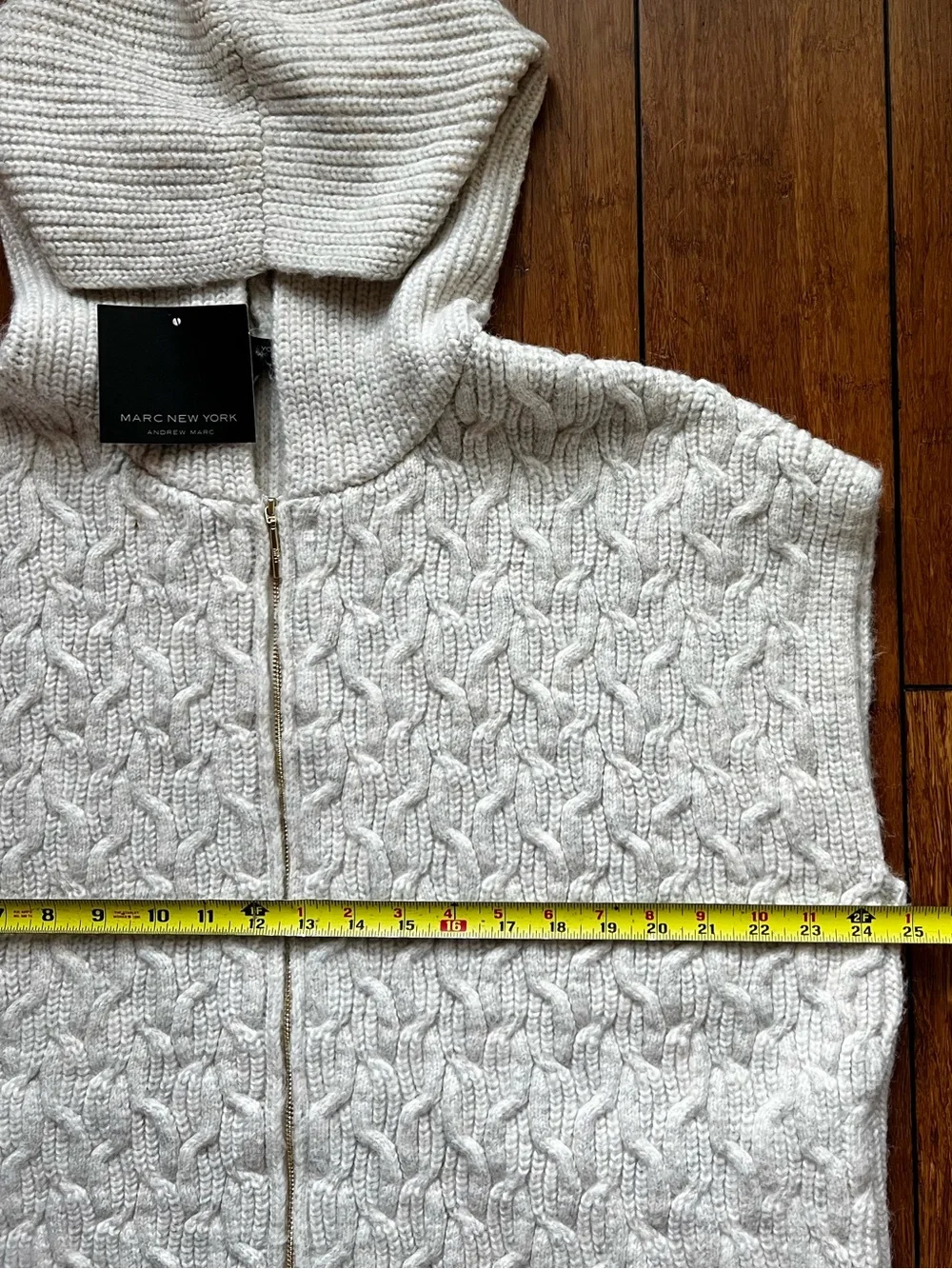 Marc New York Heather Oatmeal Hooded Cable Zip Sweater Vest Size L